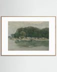 Vintage European Riverside Village Landscape Fine Art Print Oak Nature White