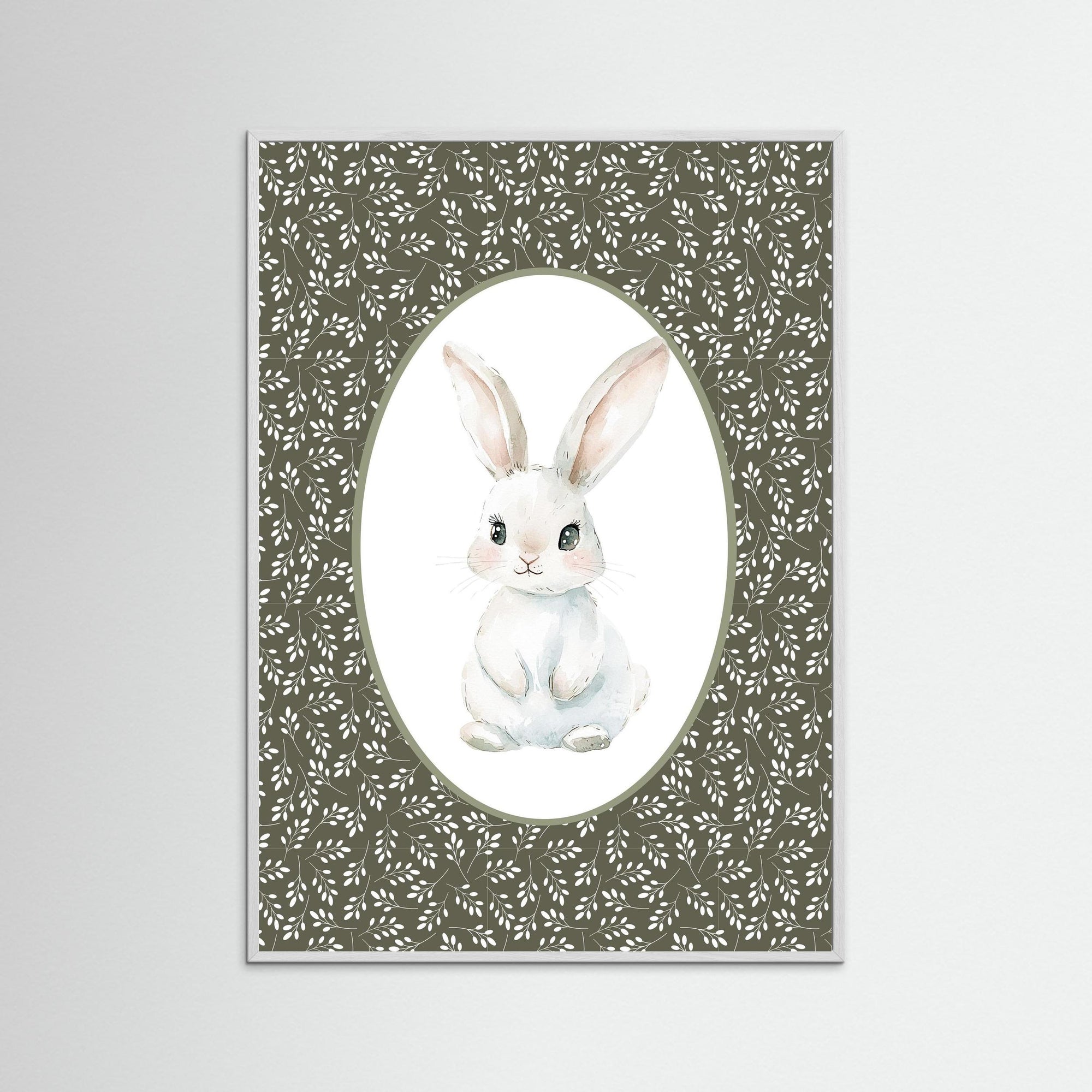 Bunny Green Botanical Art Print | Children's Room &amp; Nursery Wall Art White Wood No border