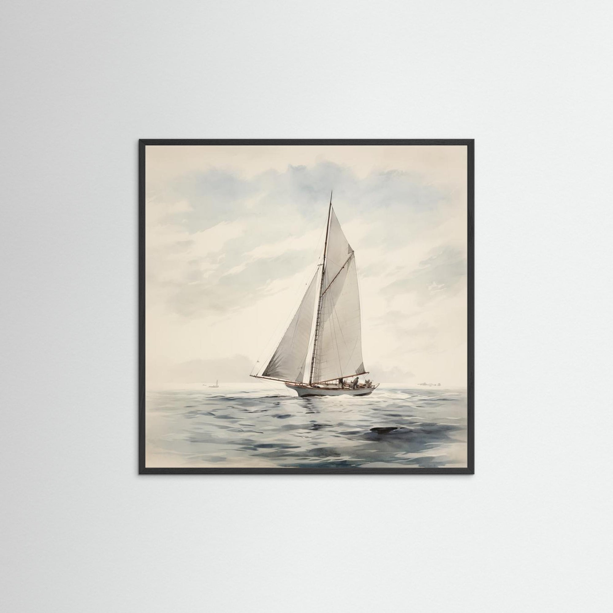 Soft Neutral Ocean Sailboat Print Black Wood No border