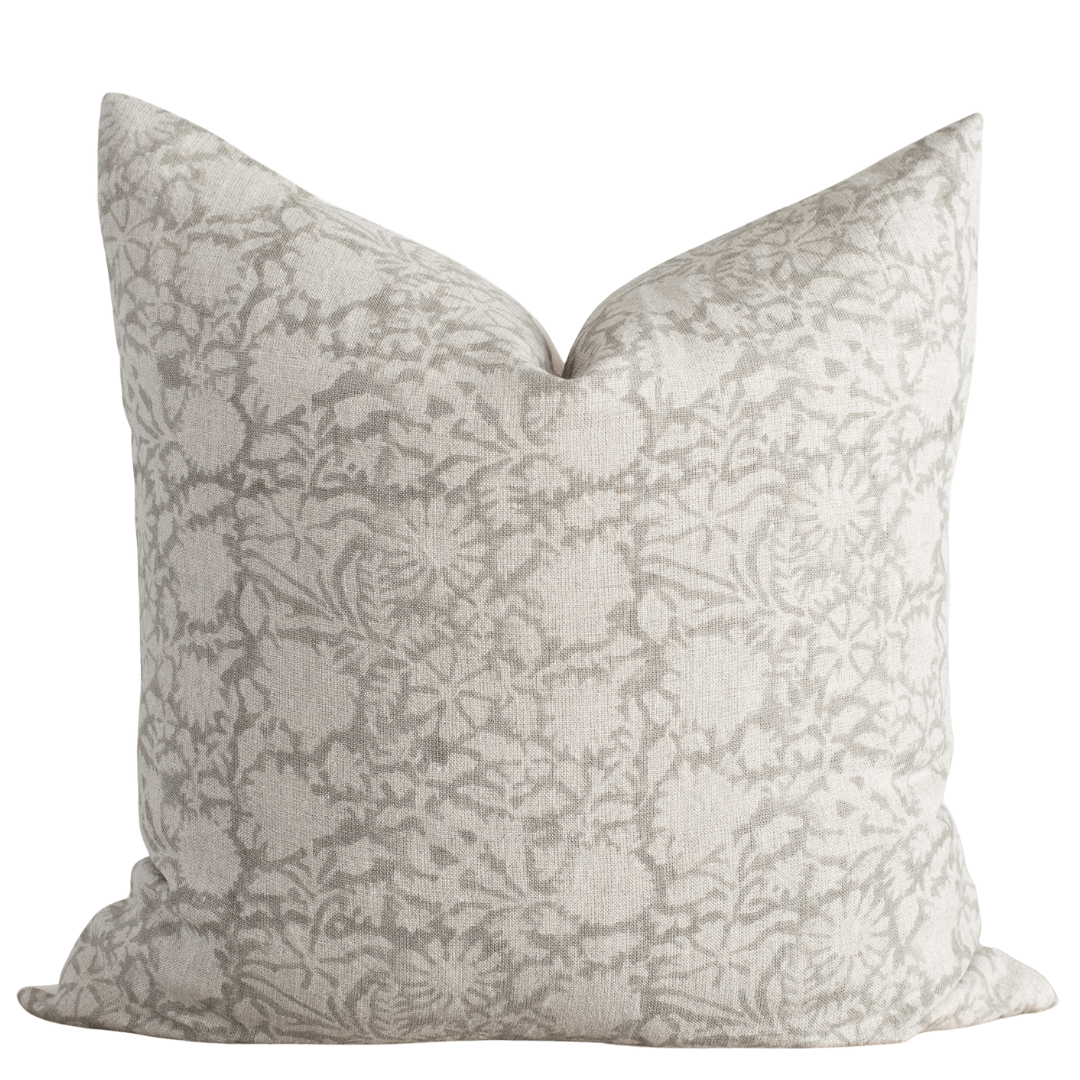 Dahlia Floral Block Printed Pillow Cover | Greige
