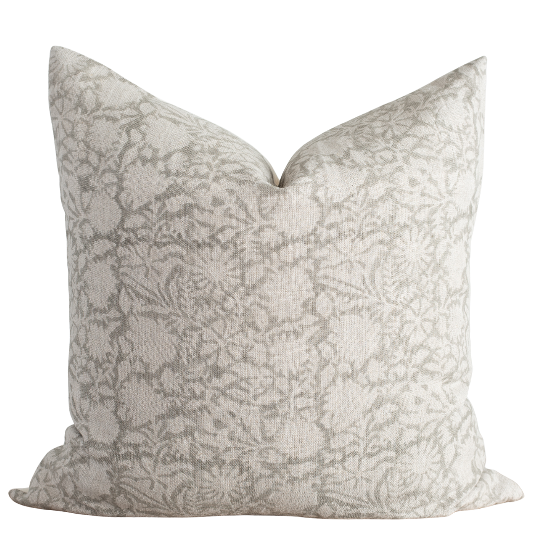** ARTISAN VARIATION **  Dahlia Floral Block Printed Pillow Cover | Greige