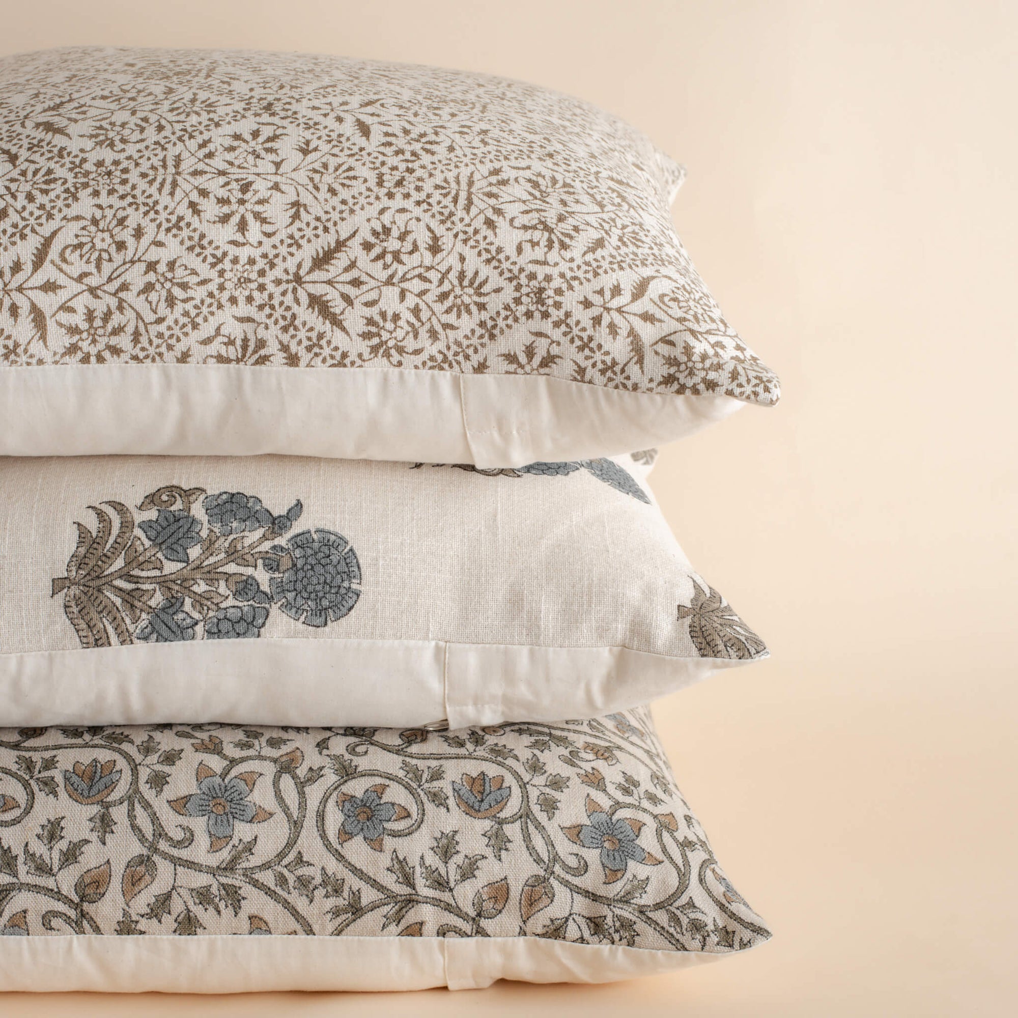 Juliette Floral Block Printed Pillow Cover | Blue, Mustard