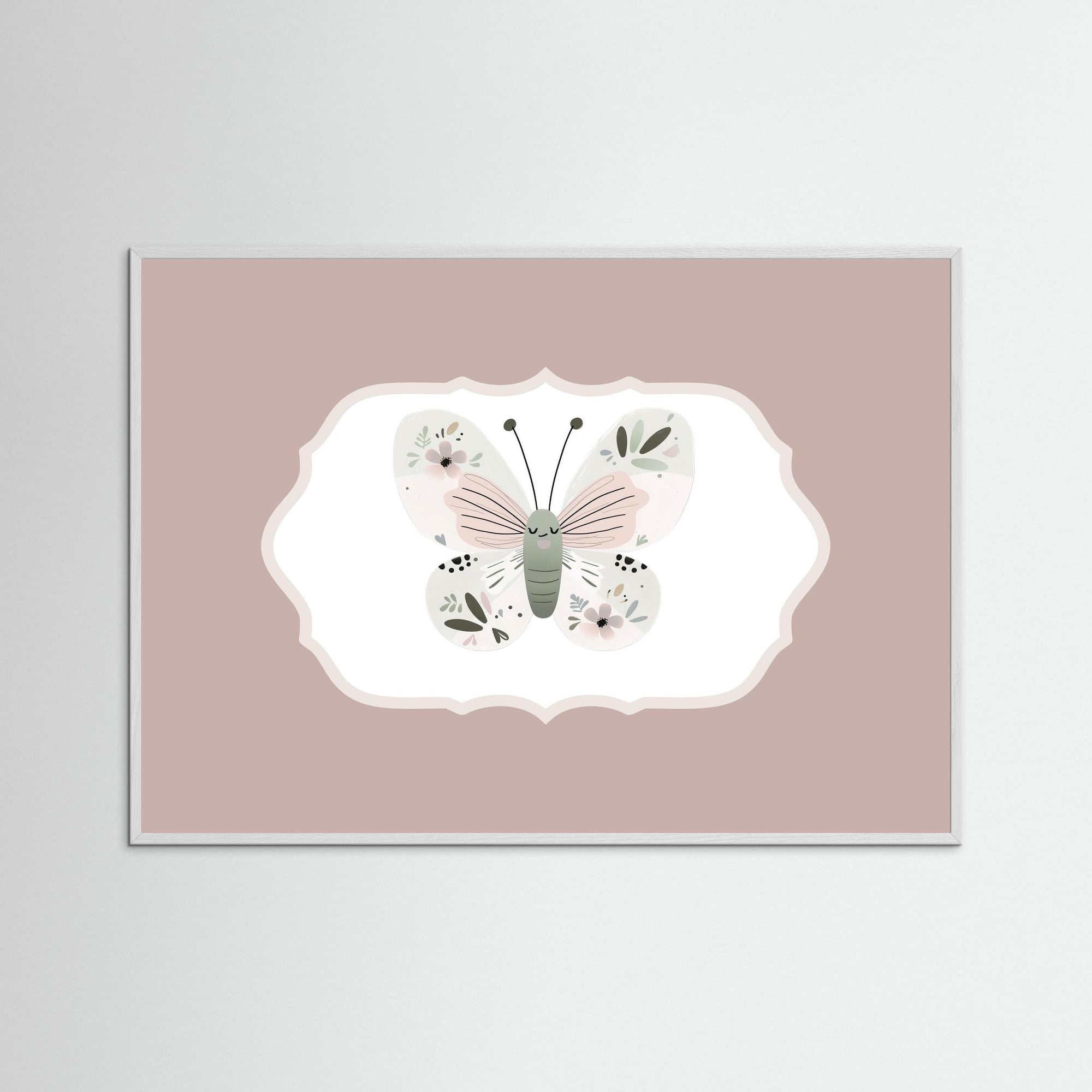Butterfly Pink Art Print | Children's Room &amp; Nursery Wall Art White Wood