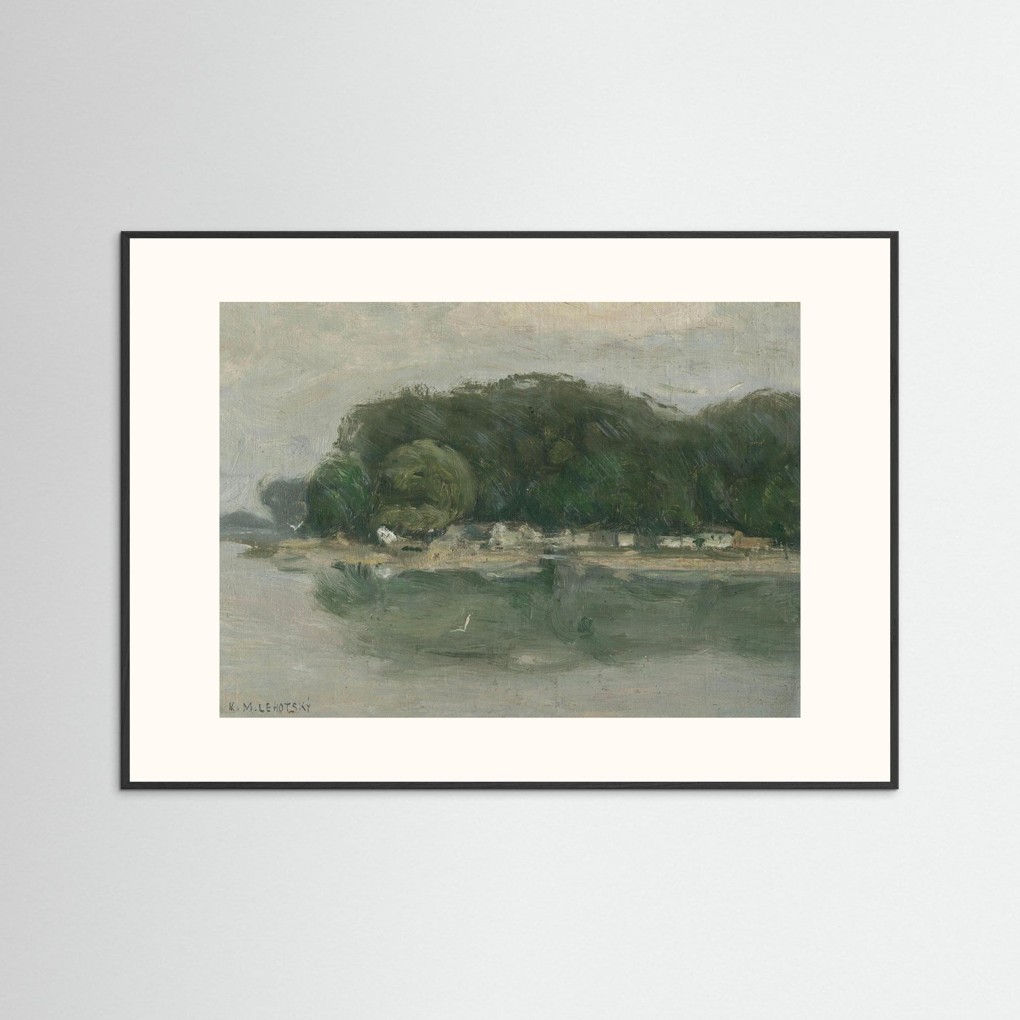 Vintage European Riverside Village Landscape Fine Art Print Black Wood Freja