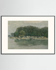 Vintage European Riverside Village Landscape Fine Art Print Black Wood Freja