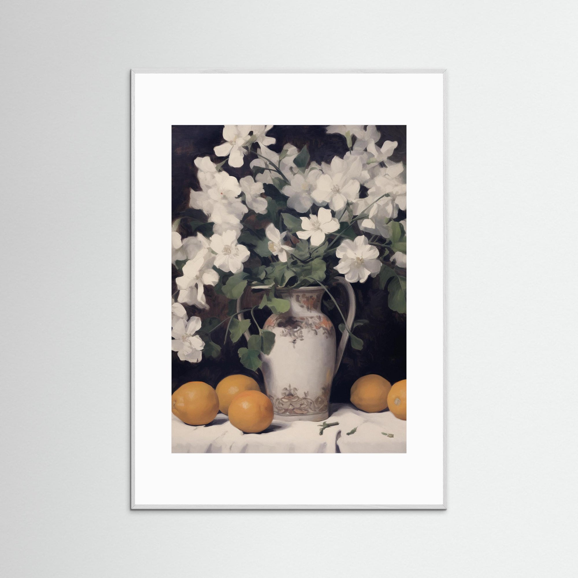 Vintage Fruit and Floral Arrangement Print White Wood White
