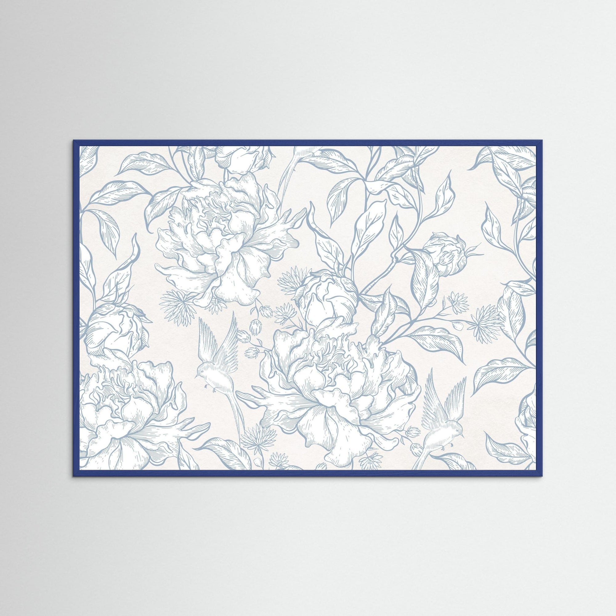Blue Floral Pattern Art Print | Vintage Inspired Botanical Wall Art Blue Wood