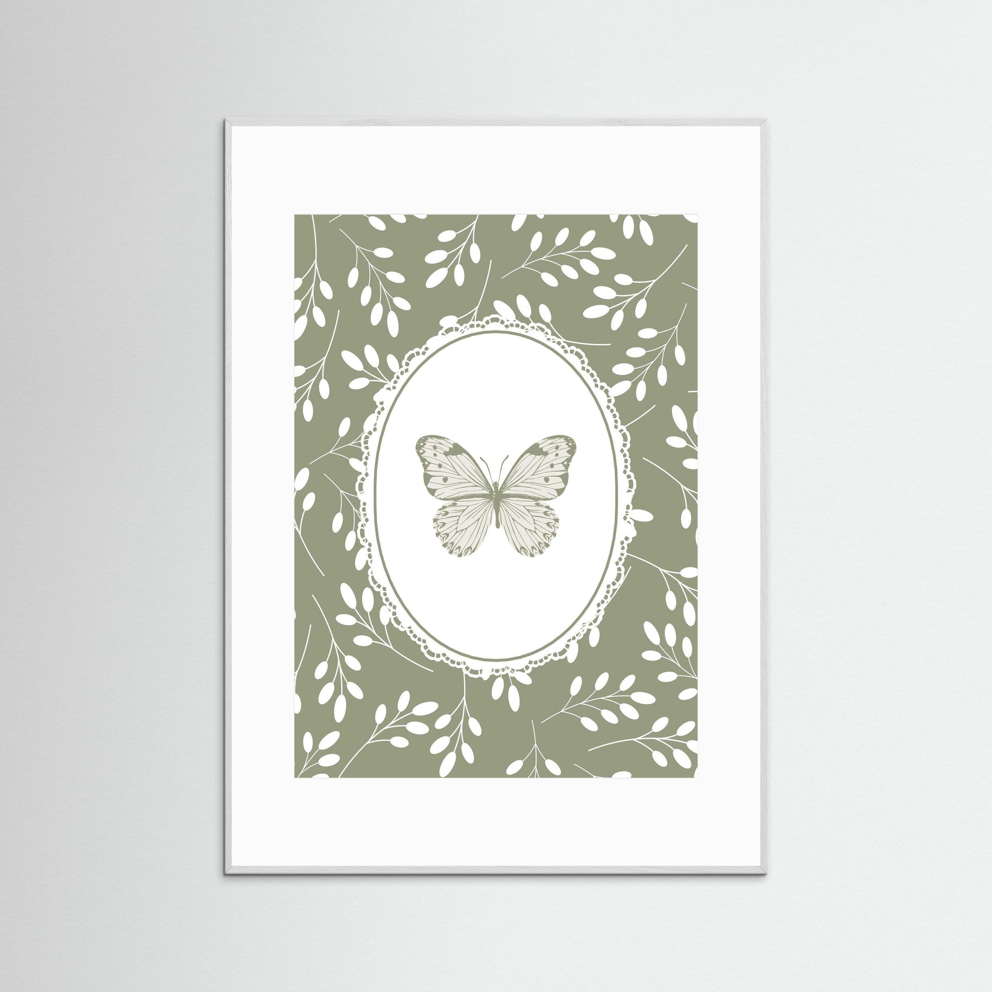 Green Butterfly Botanical Art Print | Children's Room Decor White Wood White