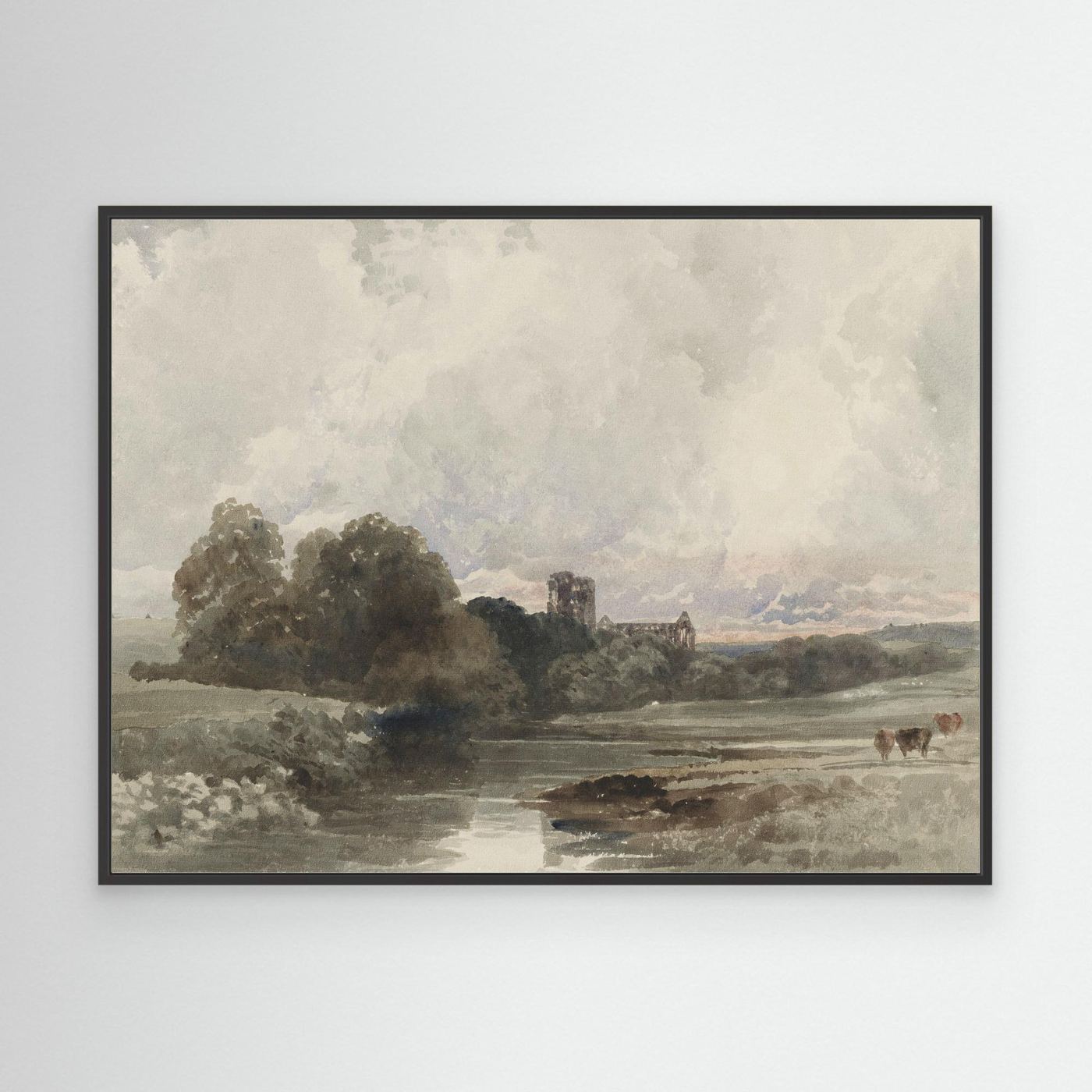 Neutral Creek Landscape Canvas Wall Art | Serene Countryside Nature Artwork Black