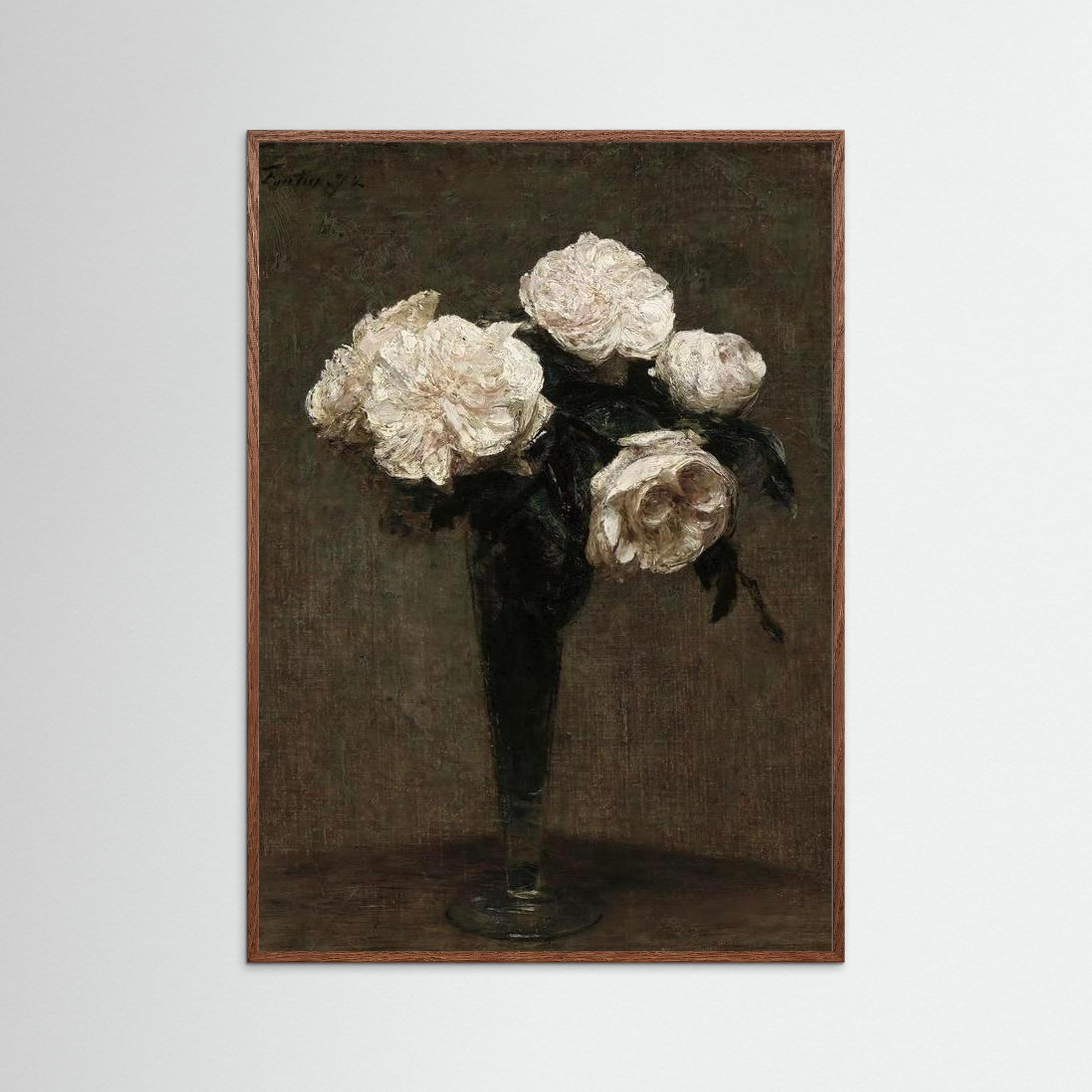 White Floral Vase Art Print Oak Dark No border