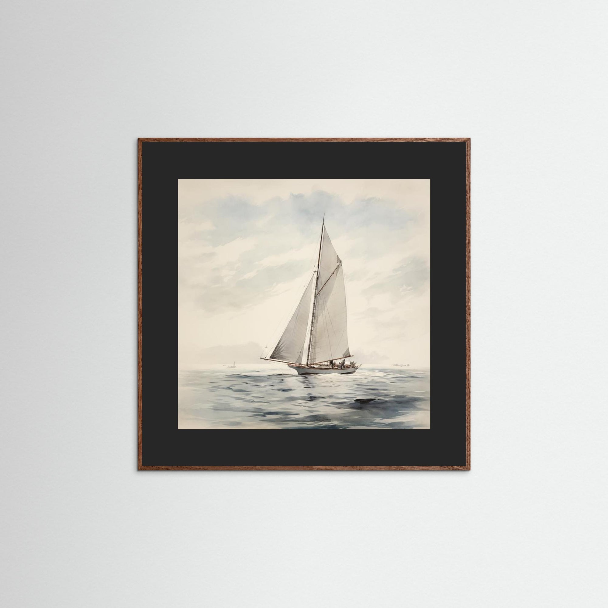 Soft Neutral Ocean Sailboat Print Oak Dark Black