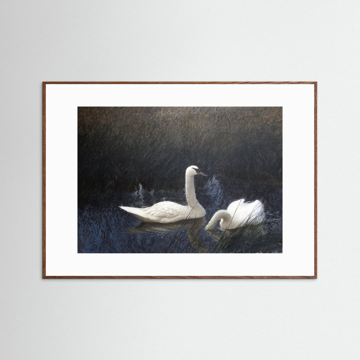 Vintage Swan Lake Art Print | Soft Neutral Wall Decor Oak Dark White