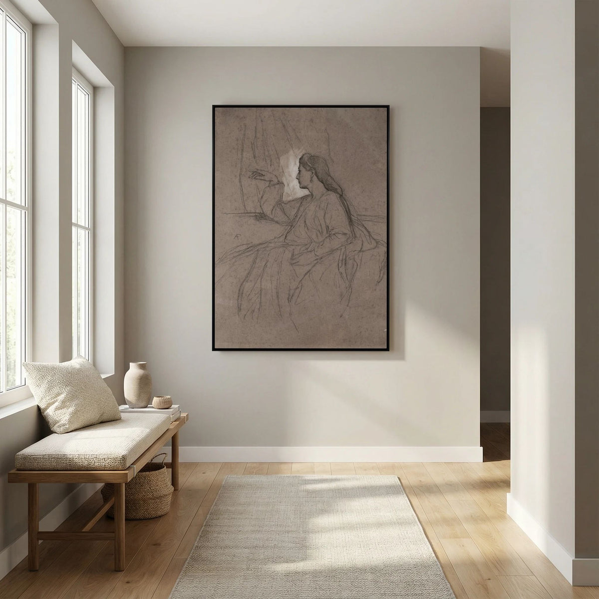 Vintage Woman Figure Sketch Canvas Wall Art | Neutral Figurative Drawing