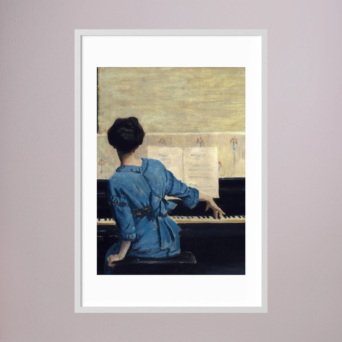 Woman in Blue at the Piano Vintage Wall Art Print White Wood White