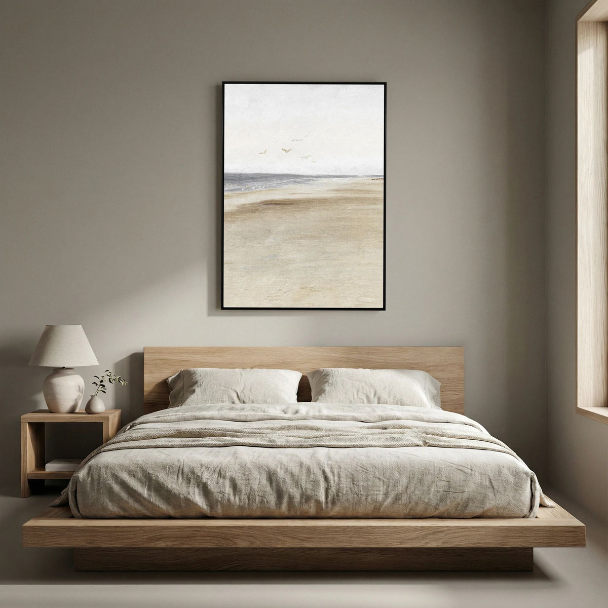 Neutral Coastal Landscape Canvas Wall Art | Serene Beach &amp; Ocean Painting