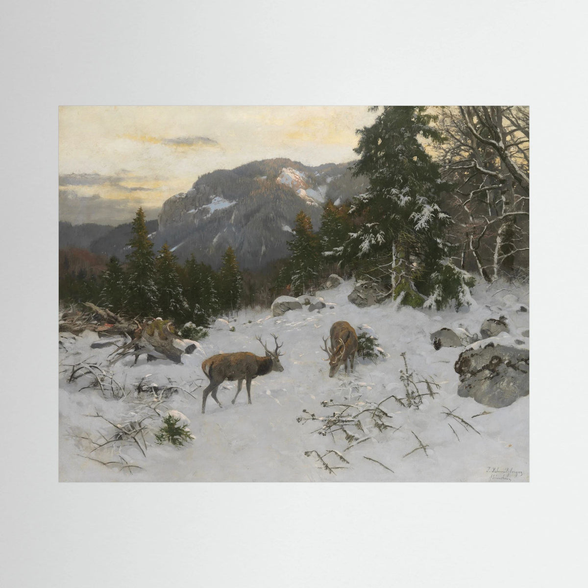 Vintage Deer in Snowy Mountains Art Print