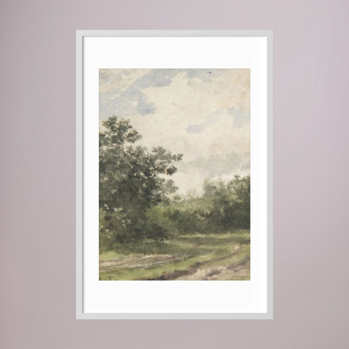Misty Country Landscape Vintage Wall Art Print White Wood White