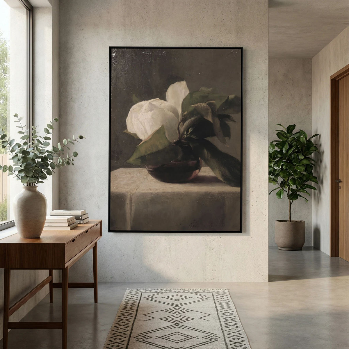 Vintage White Floral Canvas Wall Art | Moody Botanical Still Life Painting