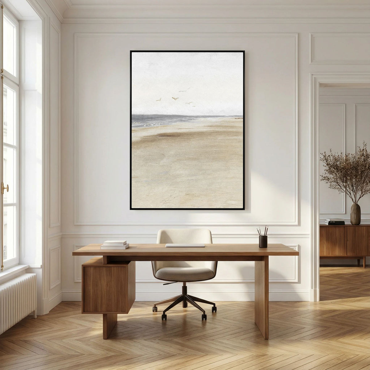 Neutral Coastal Landscape Canvas Wall Art | Serene Beach &amp; Ocean Painting