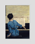 Woman in Blue at the Piano Vintage Wall Art Print White Wood No border