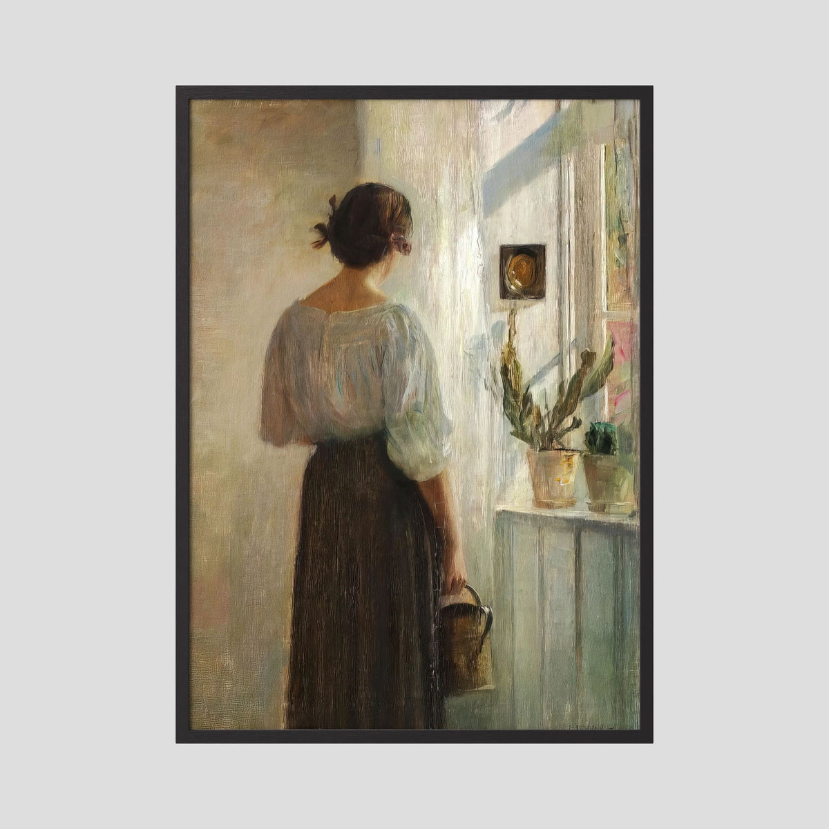 Woman at the Window Vintage Wall Art Print Black Wood No border