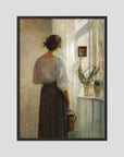 Woman at the Window Vintage Wall Art Print Black Wood No border