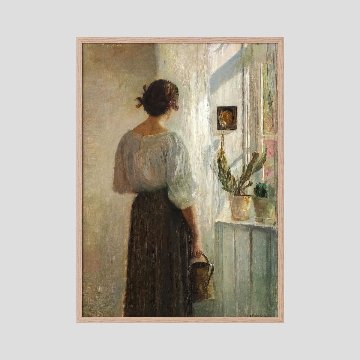 Woman at the Window Vintage Wall Art Print Oak Nature No border