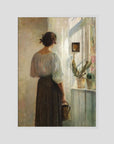 Woman at the Window Vintage Wall Art Print White Wood No border