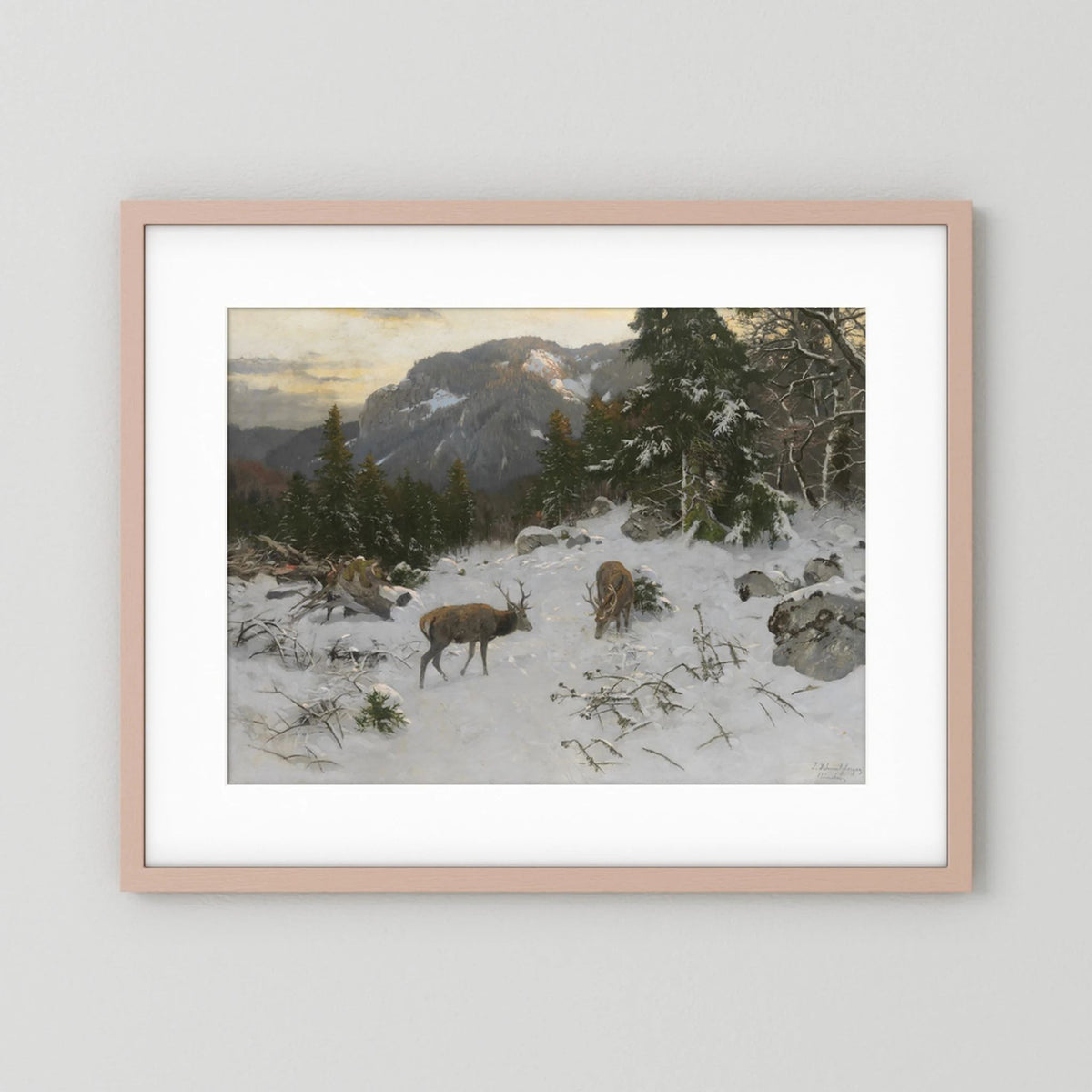 Vintage Deer in Snowy Mountains Art Print