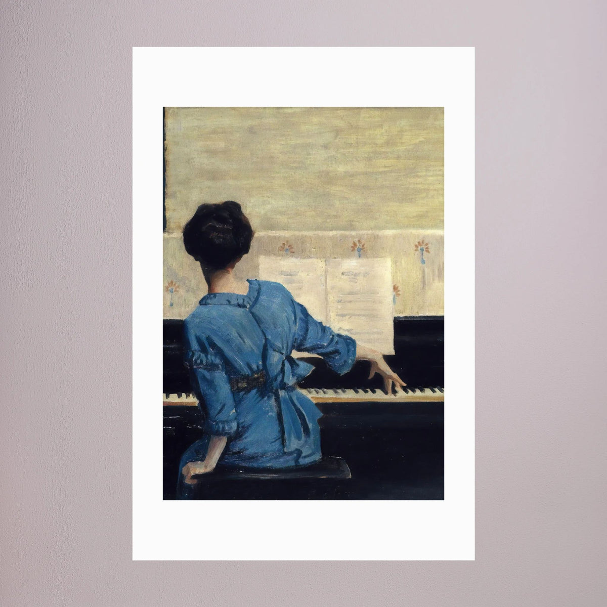 Woman in Blue at the Piano Vintage Wall Art Print No Frame White