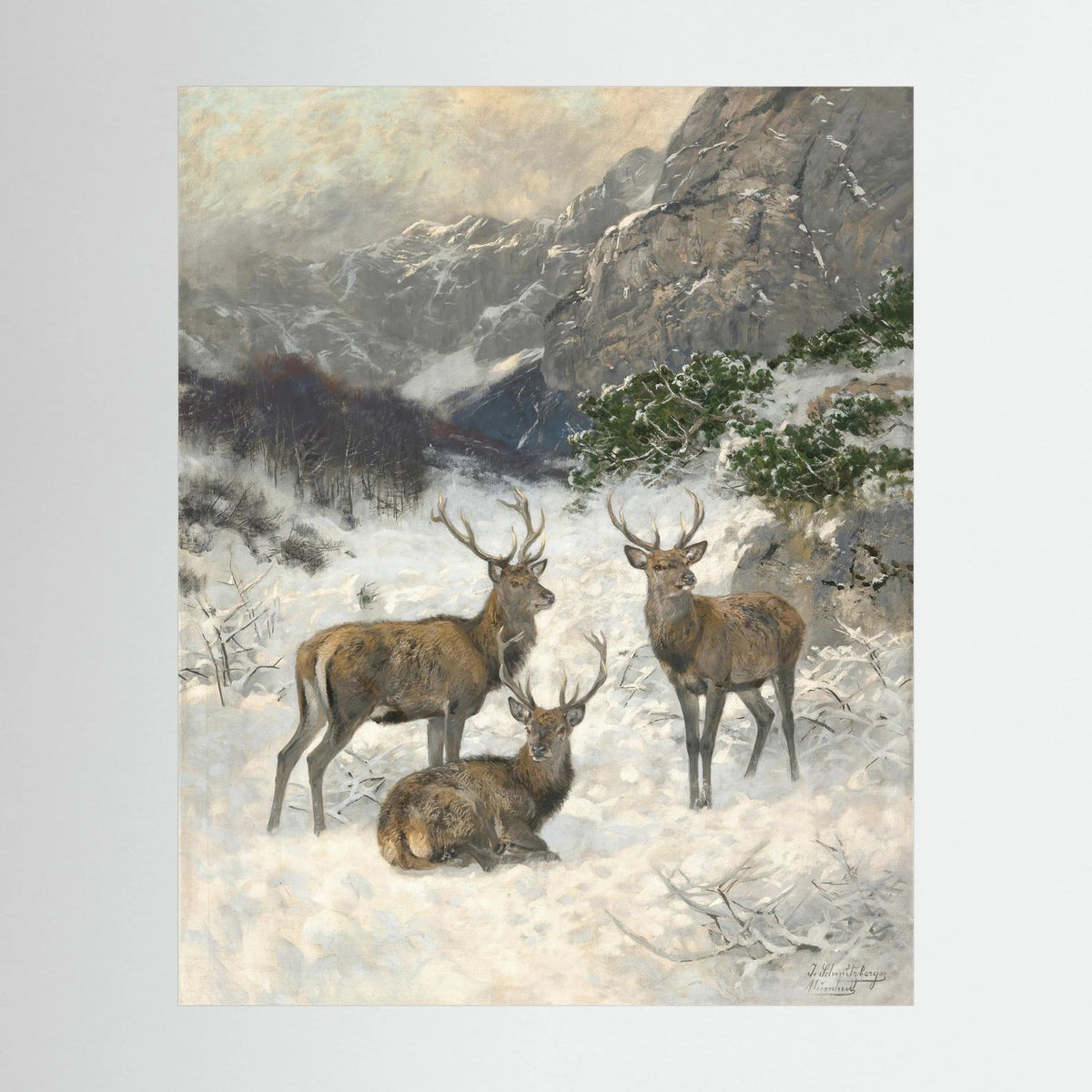 Vintage Deer in Snow Art Print