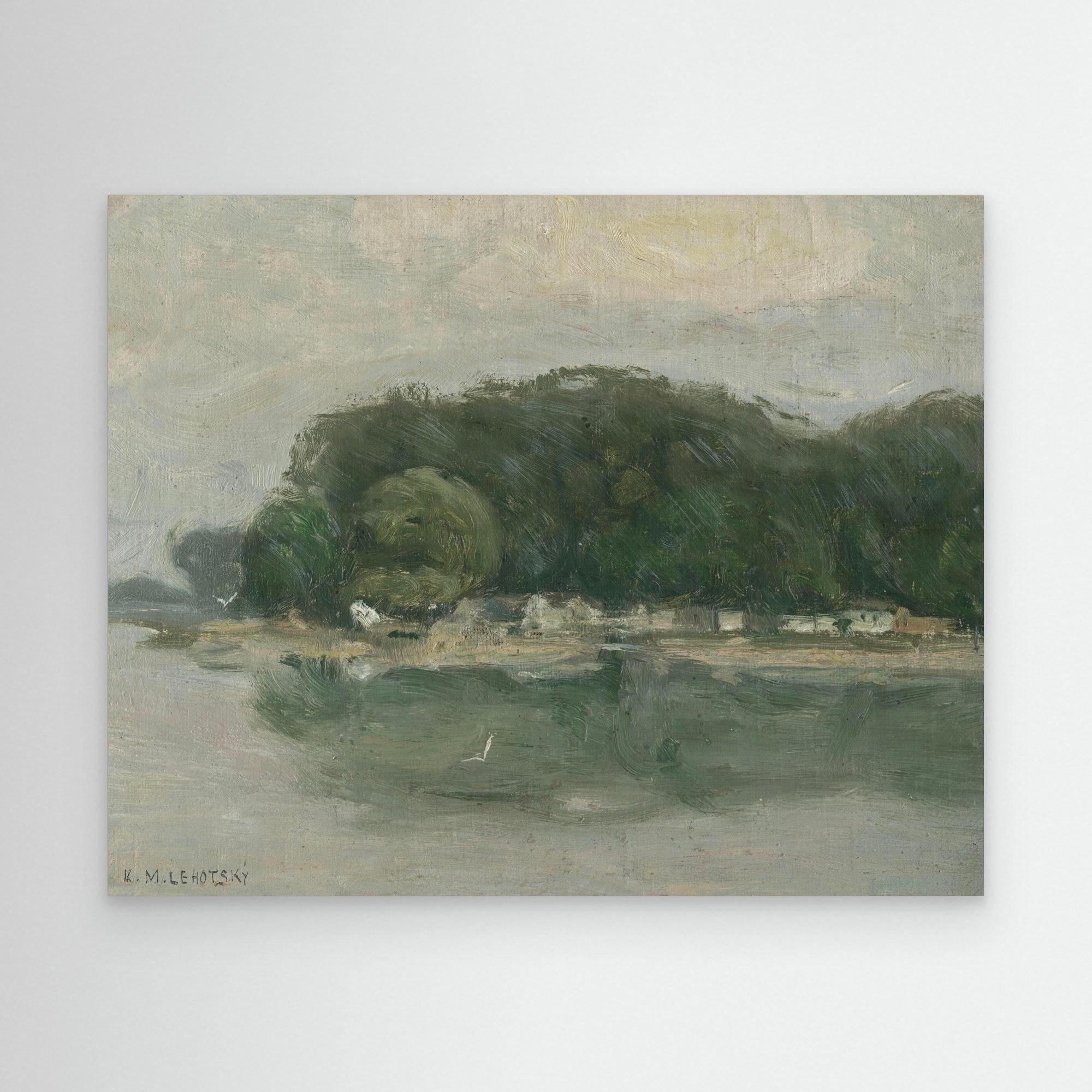 Vintage European Riverside Village Landscape Canvas
