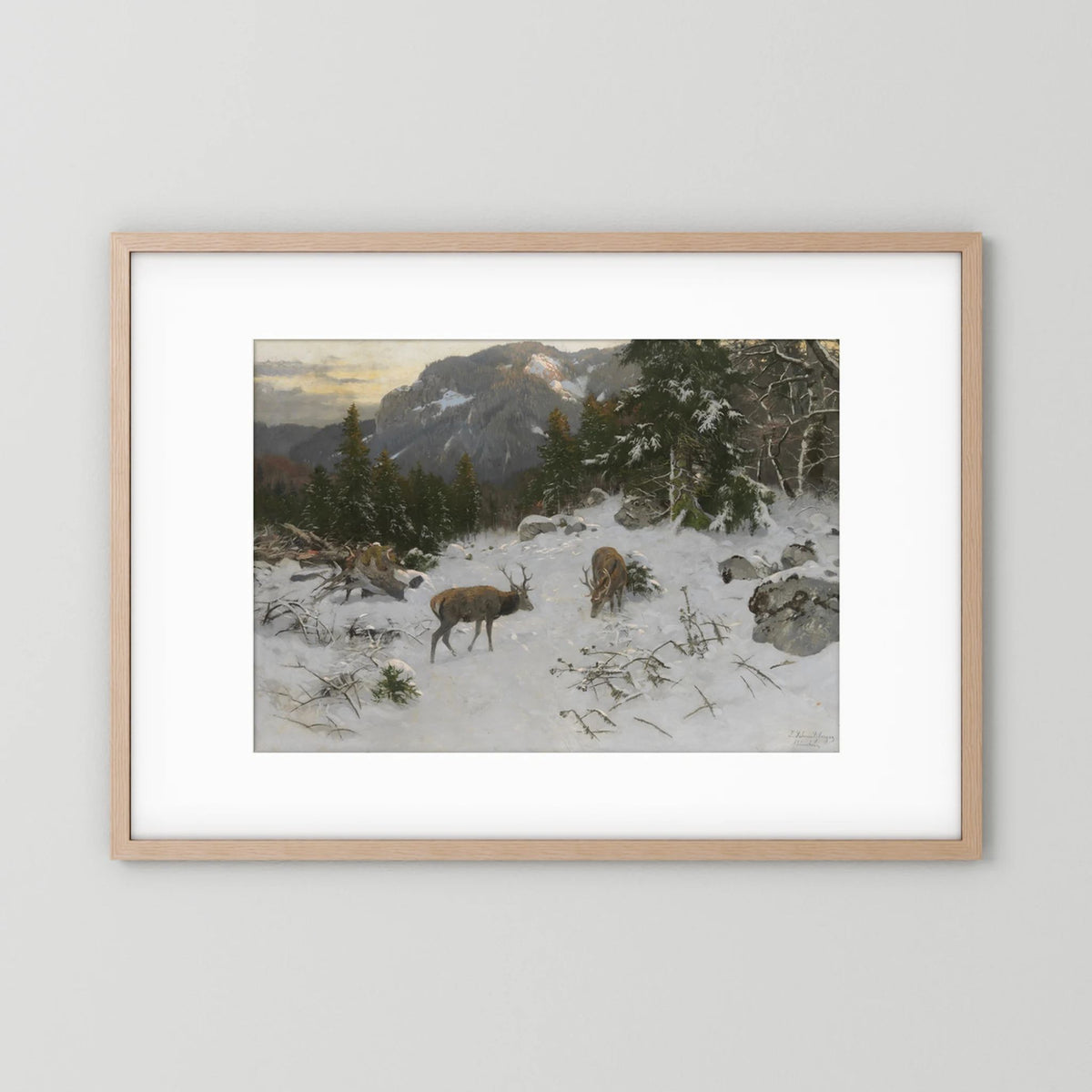 Vintage Deer in Snowy Mountains Art Print