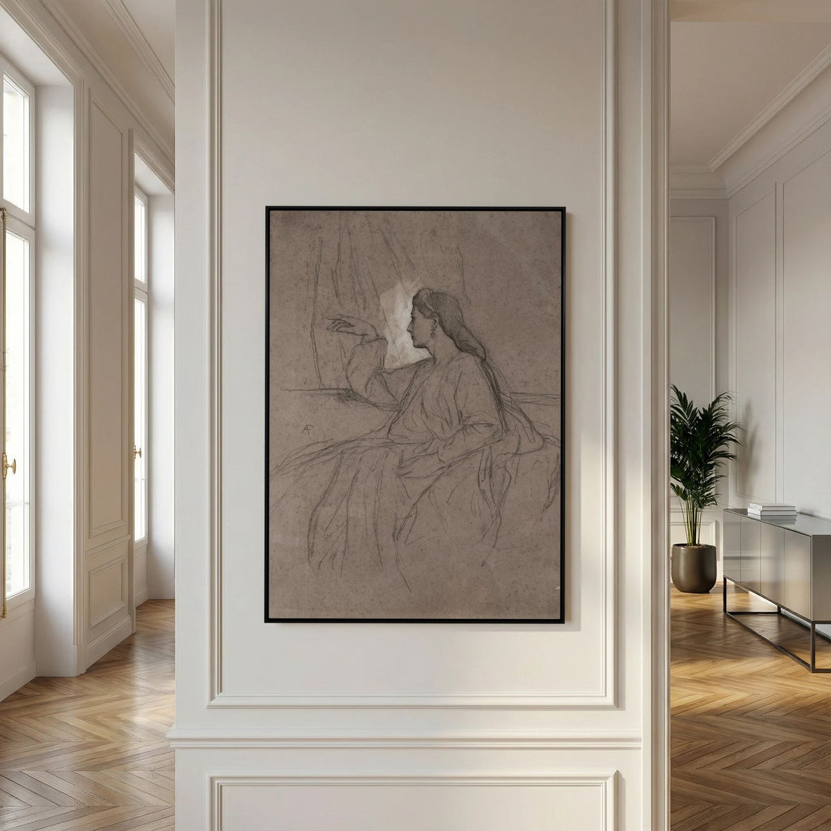 Vintage Woman Figure Sketch Canvas Wall Art | Neutral Figurative Drawing