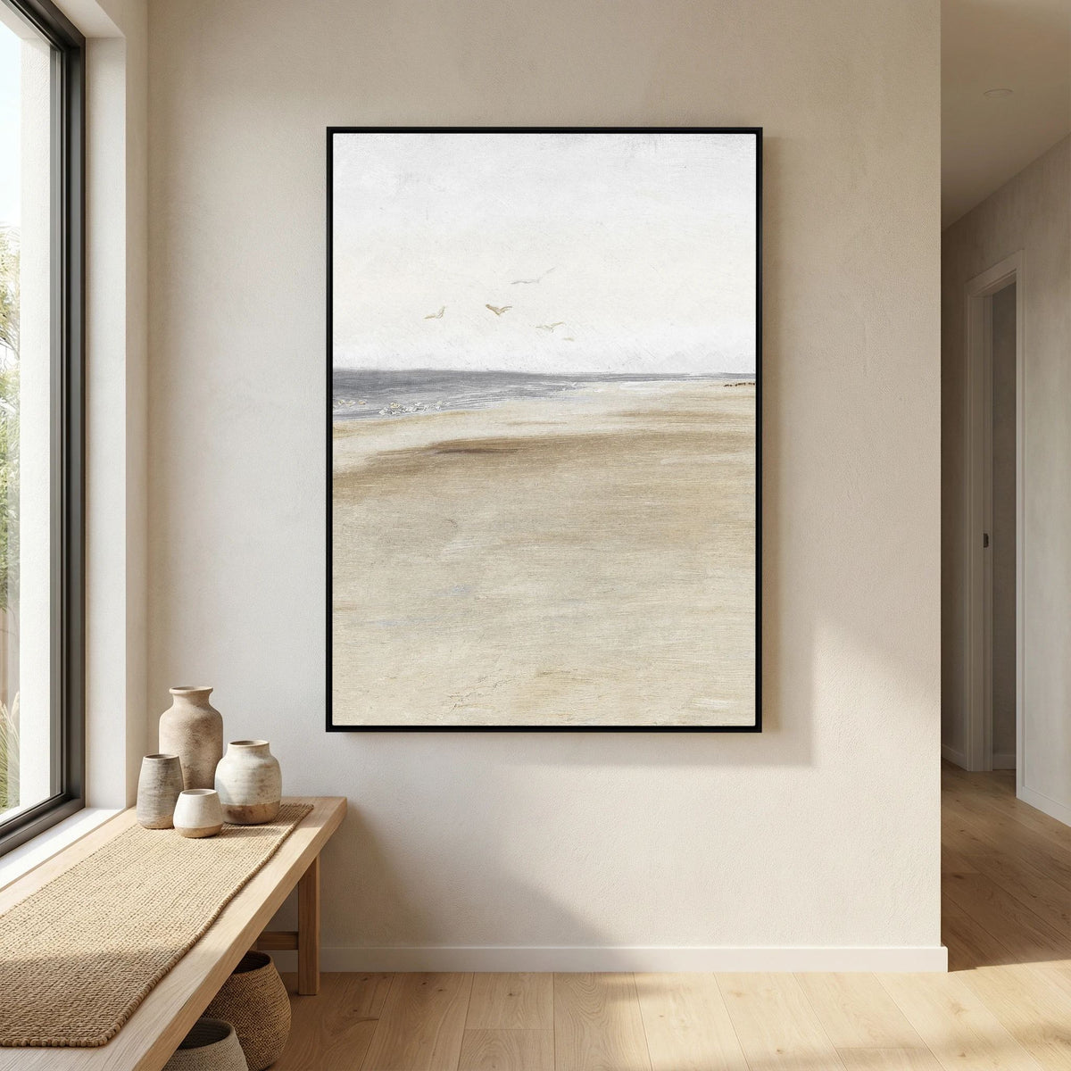Neutral Coastal Landscape Canvas Wall Art | Serene Beach &amp; Ocean Painting