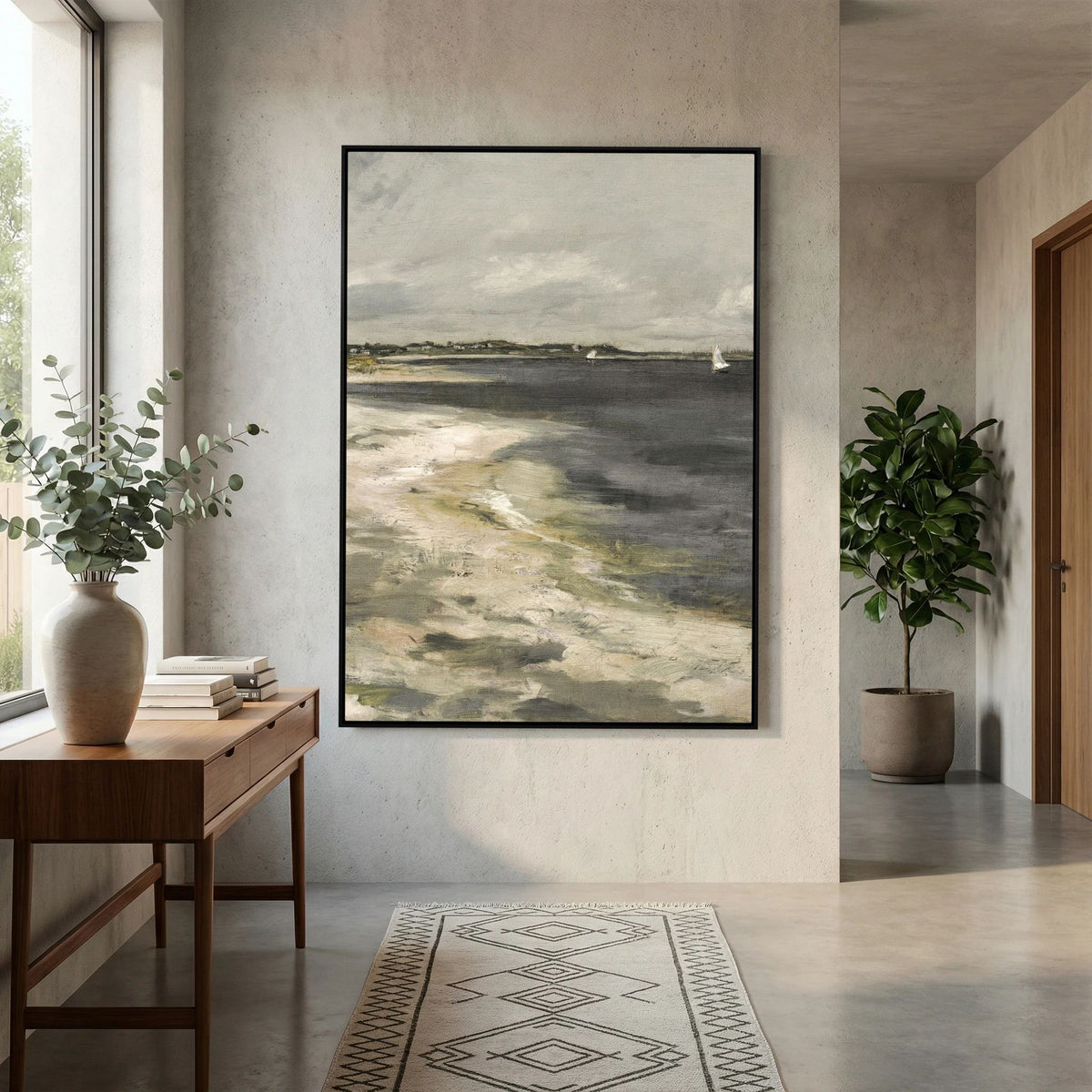 Moody Coastal Landscape Canvas Wall Art | Vintage Seaside &amp; Sailboat Painting