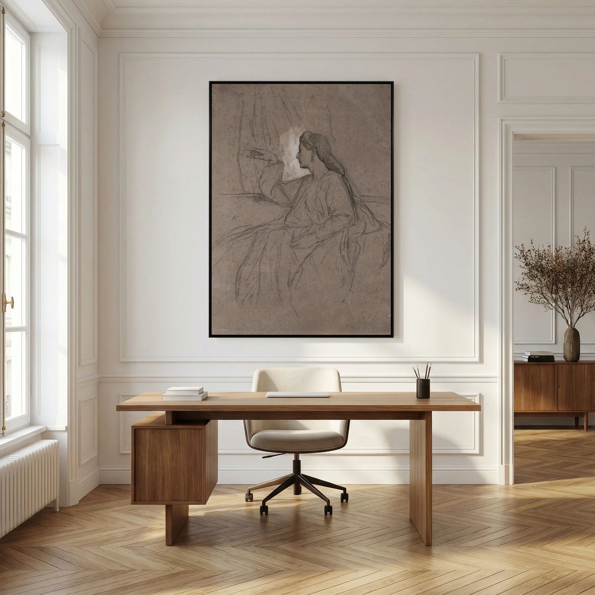 Vintage Woman Figure Sketch Canvas Wall Art | Neutral Figurative Drawing