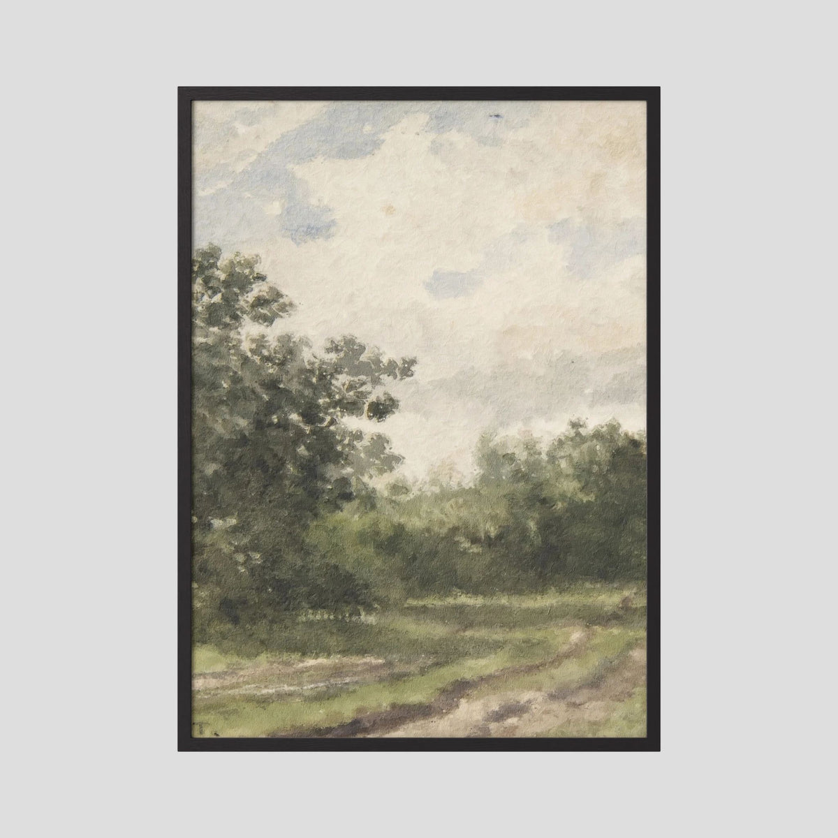 Misty Country Landscape Vintage Wall Art Print Black Wood No border