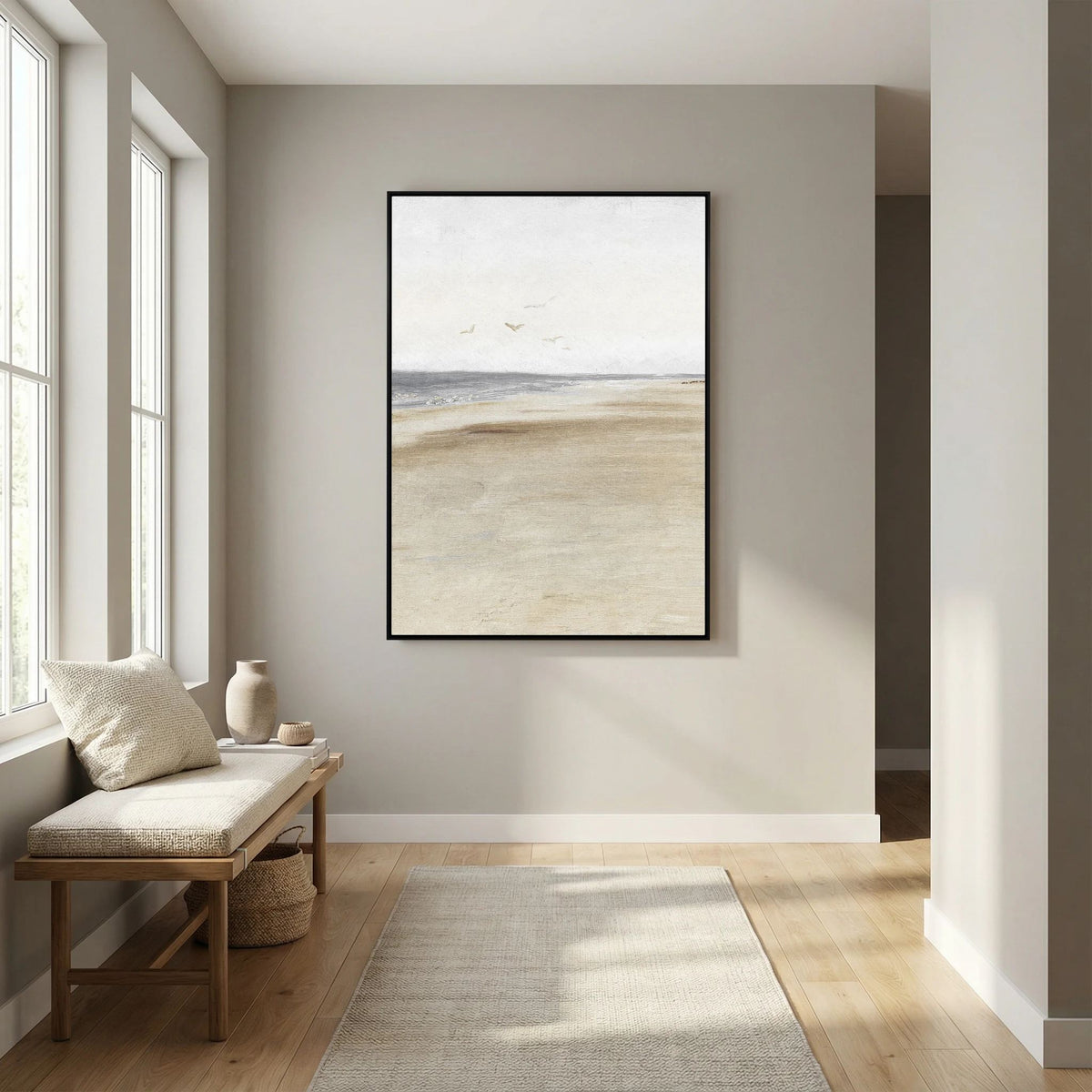 Neutral Coastal Landscape Canvas Wall Art | Serene Beach &amp; Ocean Painting
