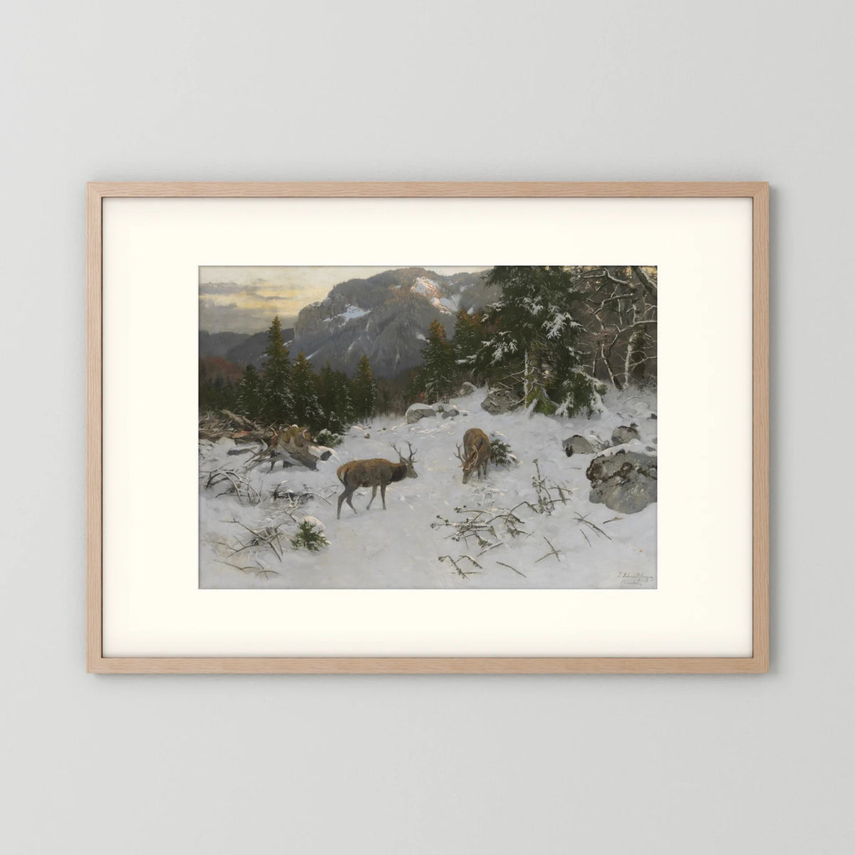 Vintage Deer in Snowy Mountains Art Print