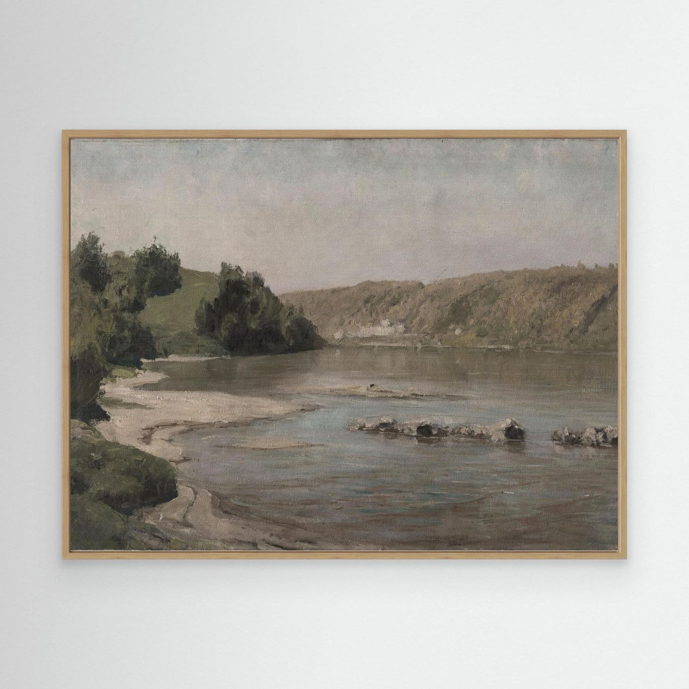 River Landscape Canvas Wall Art | Warm Neutral Nature Print for Living Room Oak