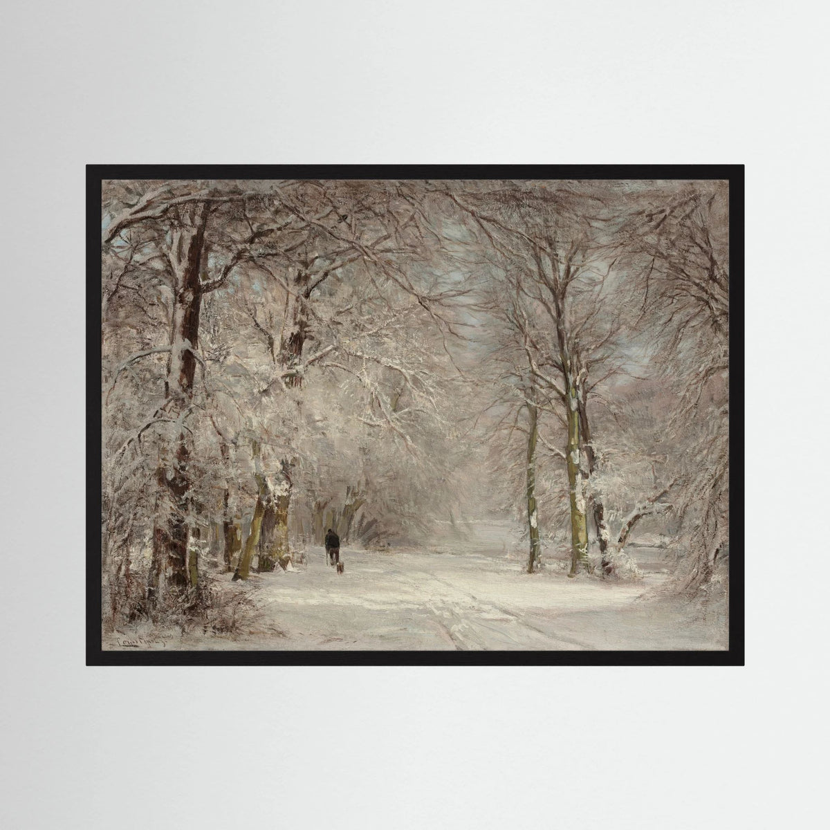 Vintage Snowy Woodland Art Print Black Wood No border
