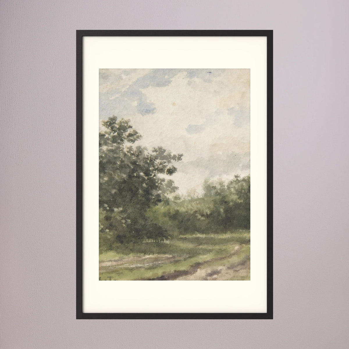 Misty Country Landscape Vintage Wall Art Print Black Wood Freja