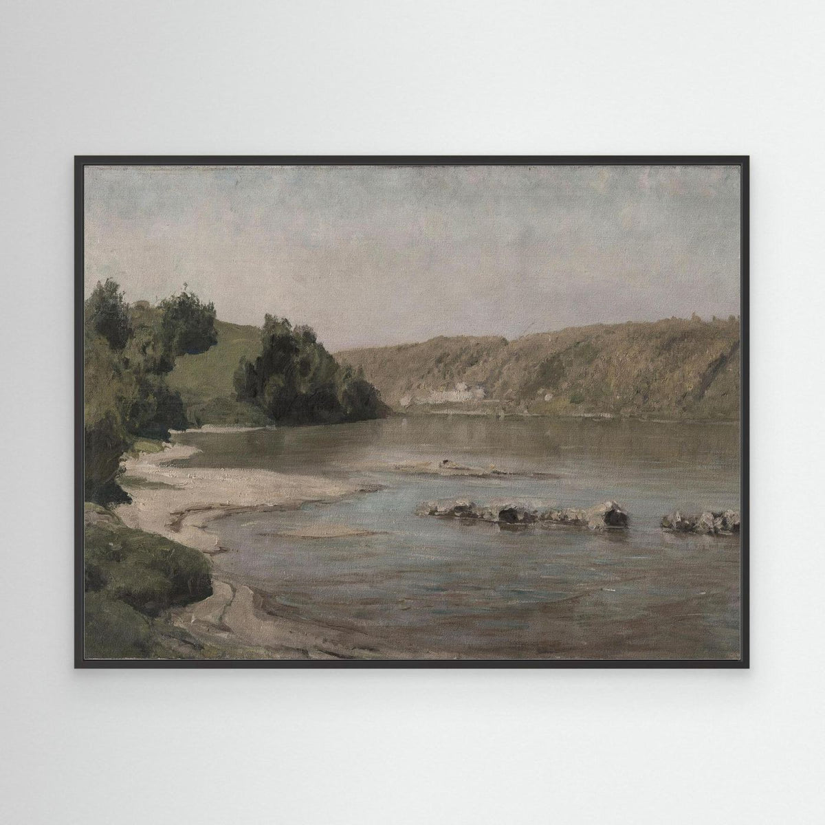 River Landscape Canvas Wall Art | Warm Neutral Nature Print for Living Room
