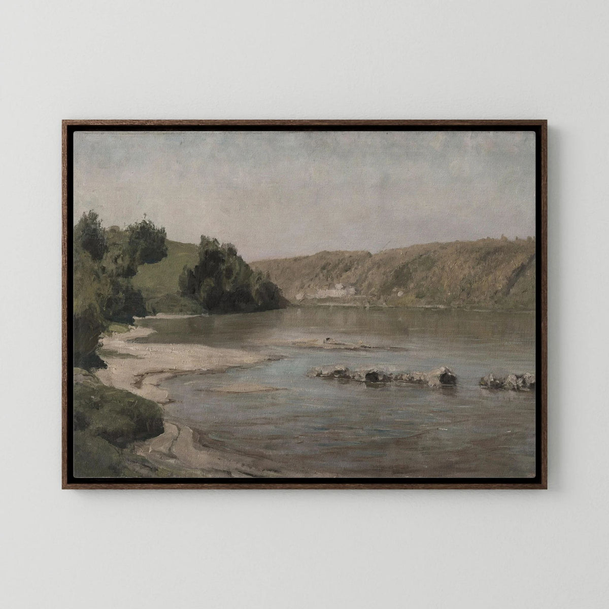 River Landscape Canvas Wall Art | Warm Neutral Nature Print for Living Room