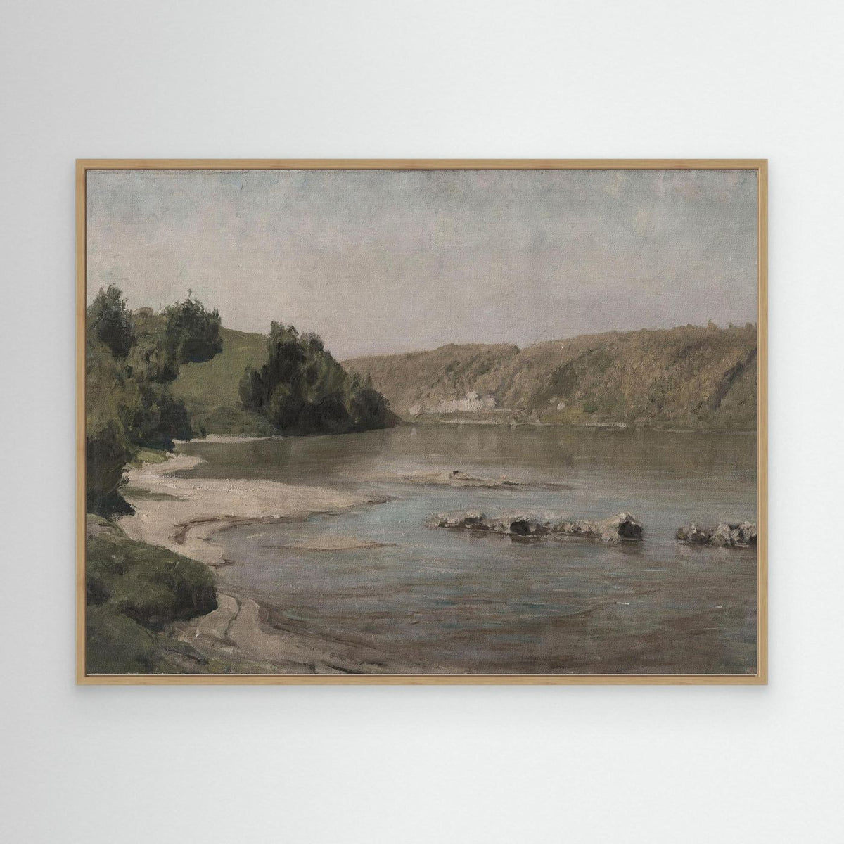 River Landscape Canvas Wall Art | Warm Neutral Nature Print for Living Room