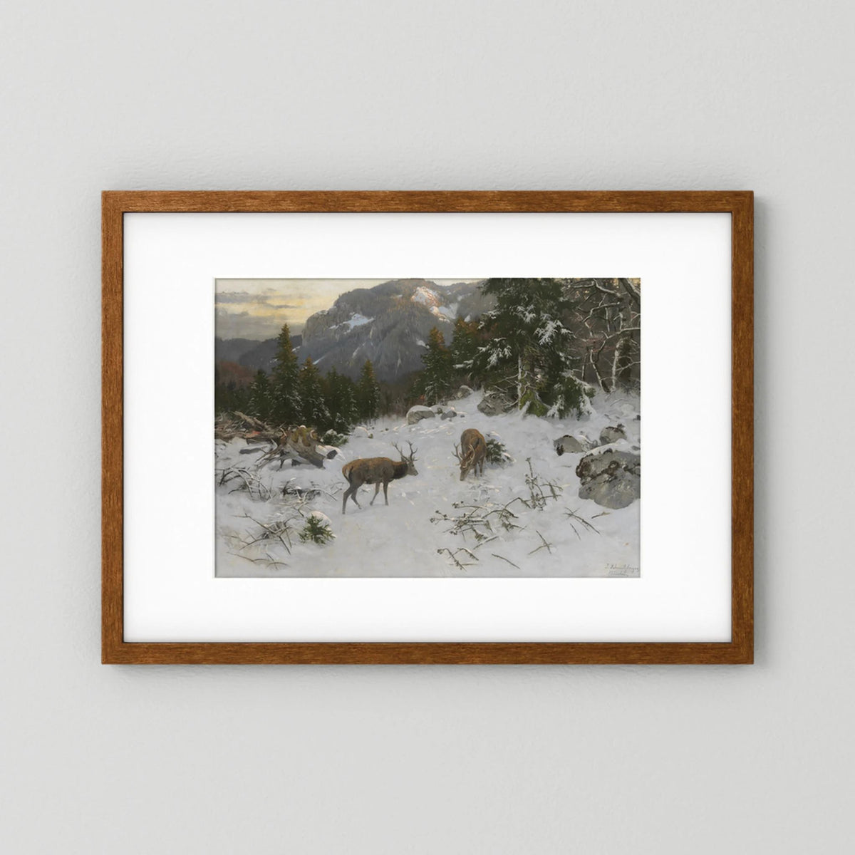 Vintage Deer in Snowy Mountains Art Print