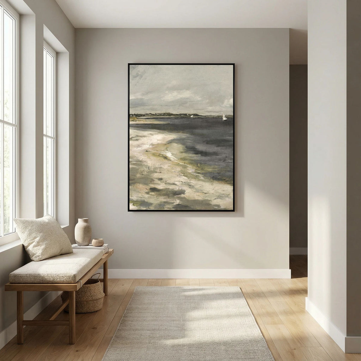 Moody Coastal Landscape Canvas Wall Art | Vintage Seaside &amp; Sailboat Painting
