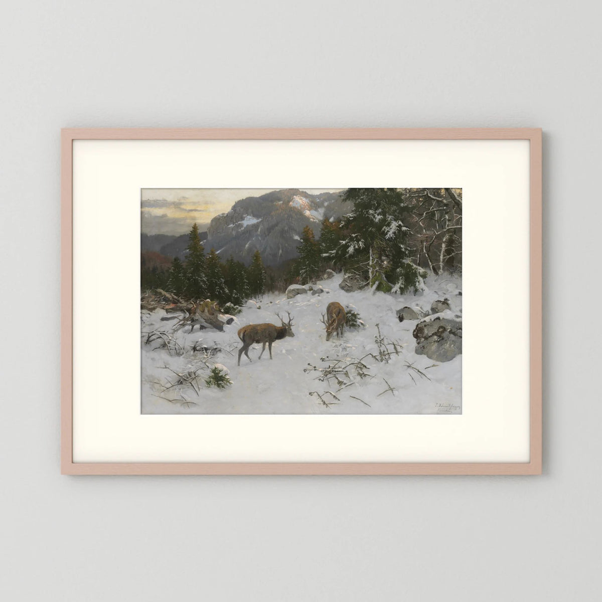 Vintage Deer in Snowy Mountains Art Print