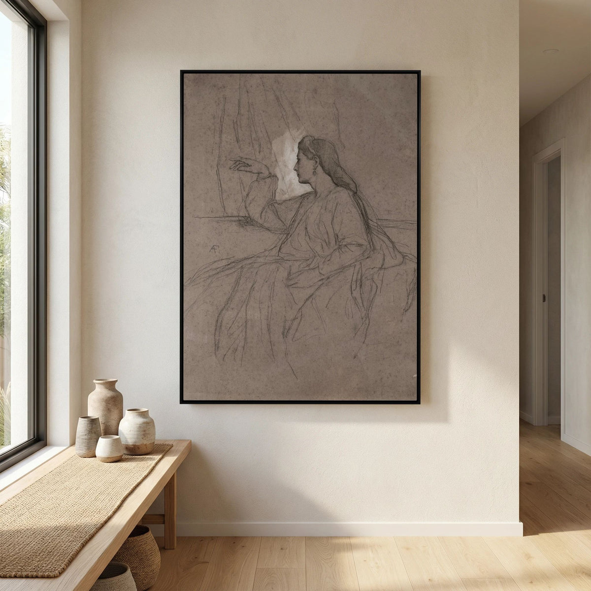 Vintage Woman Figure Sketch Canvas Wall Art | Neutral Figurative Drawing